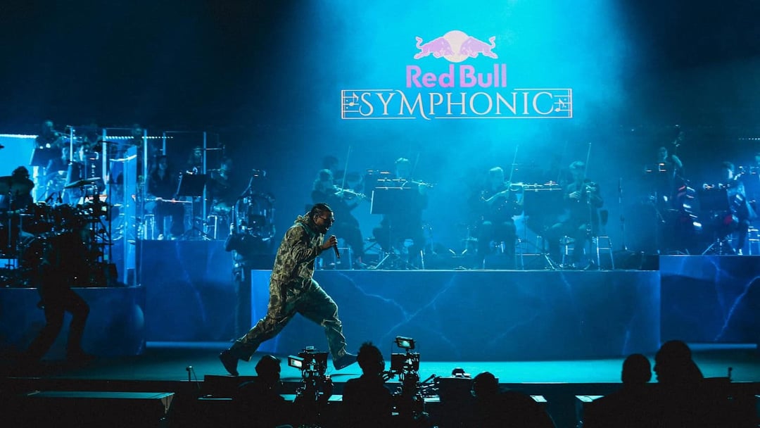 A performer in camouflage clothing sings into a microphone on stage, with an orchestra visible behind them. The stage is bathed in blue light. REDBULL SYMPHONIC by Chris Schwarz for RedBull — © EASYdoesit.