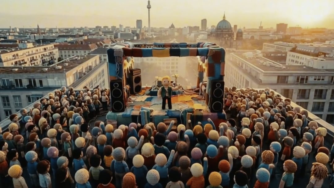 A doll-like figure performs on a rooftop stage, surrounded by a large crowd of similar figures, with the Berlin skyline visible at sunset. KONTRA K – TRAILER by Christoph Szulecki for Kontra K — © EASYdoesit.