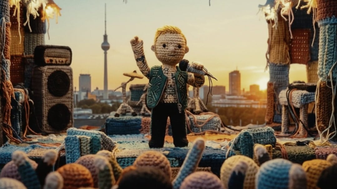 A crocheted figure of a person performs on a rooftop stage made of yarn, holding a microphone. In the background, a cityscape with the Berlin TV Tower is visible at sunset. KONTRA K – TRAILER von Christoph Szulecki für Kontra K — © EASYdoesit.